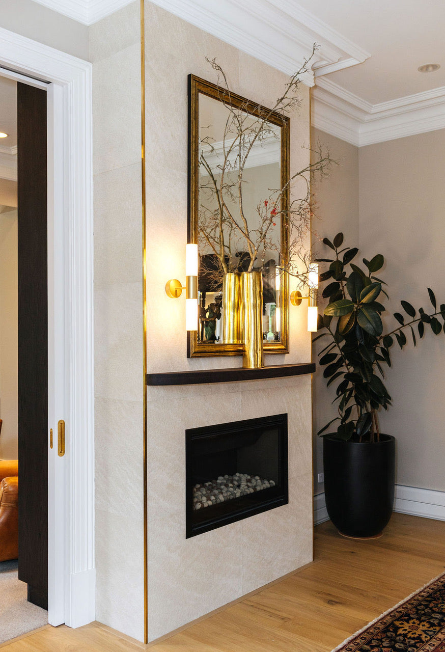 This beautiful fire place is Clear White with brass trim. Designed by Jade Hurst of Good_Space 