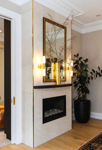 This beautiful fire place is Clear White with brass trim. Designed by Jade Hurst of Good_Space 