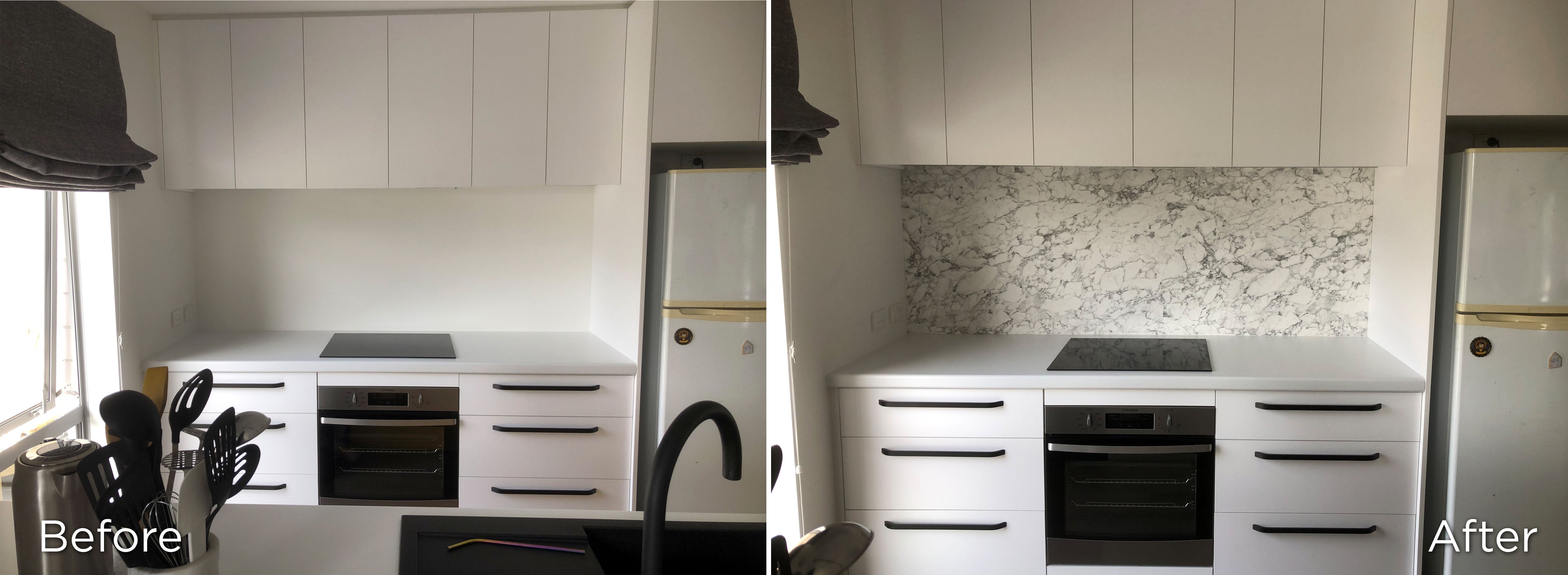 before and after images of Sibu white marble splash back 